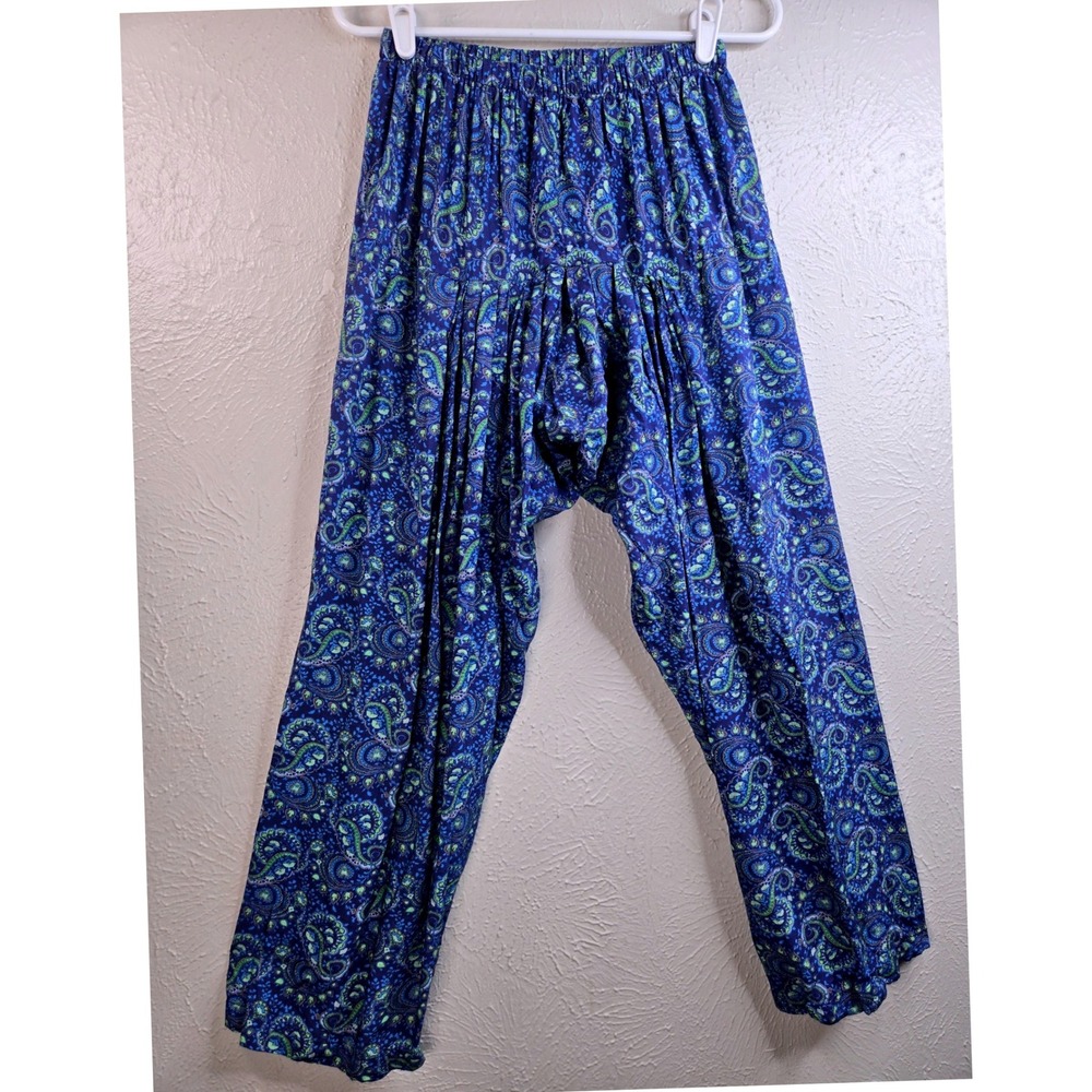Boho Hippie Harem Pants S Blue Paisley Drop Crotch Festival Yoga Pull On Lounge